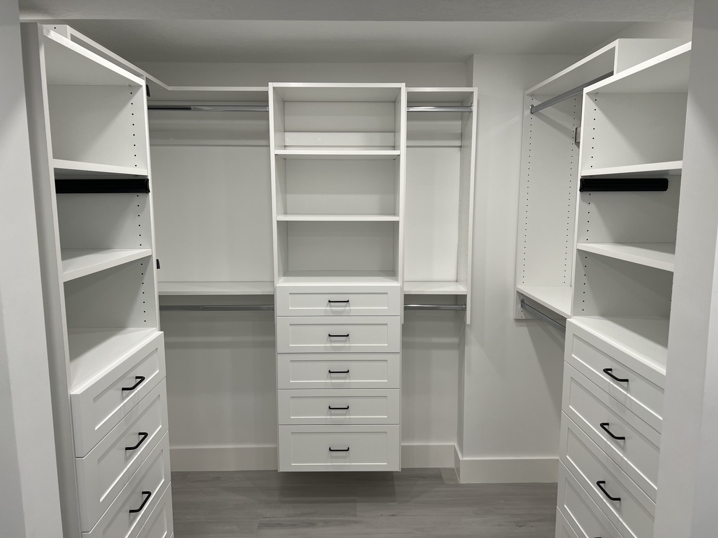 A custom closet system built out as part of the renovation.