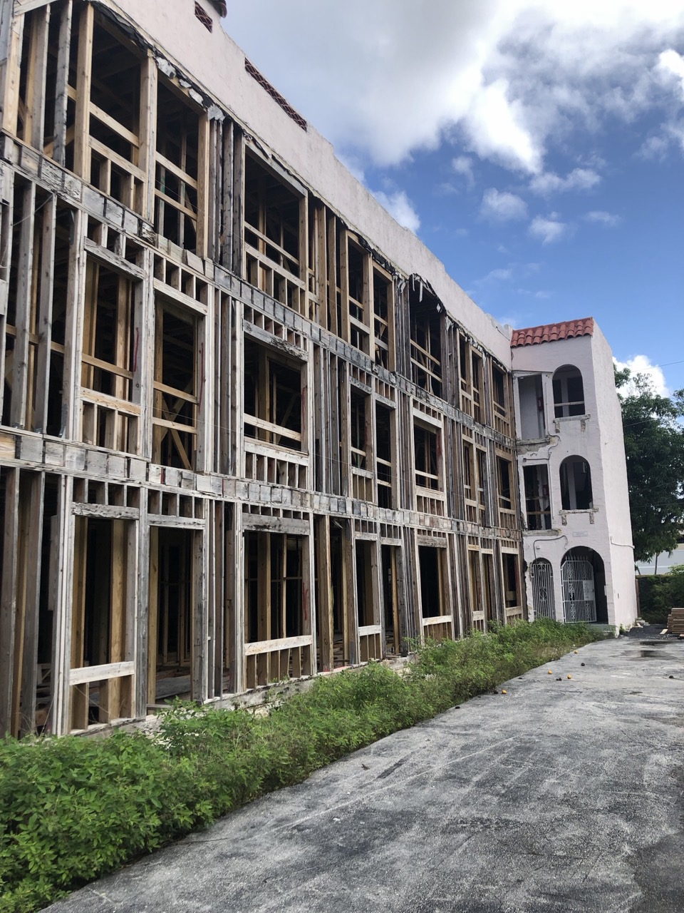 The building stripped back to its original wood frame before the structural repairs.